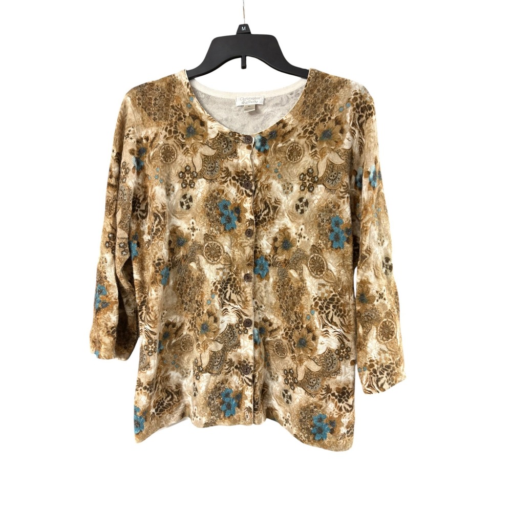 Christopher & Banks Womens XL Cardigan Sweater Floral Paisley Brown Blue 3/4 Slv
